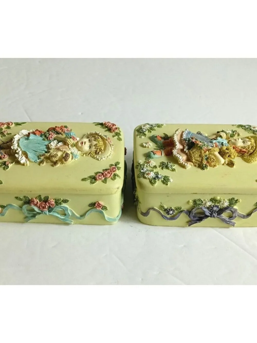 Pair of Vintage Yellow Rectangular Trinket Boxes with Raised Girl & Floral Desig